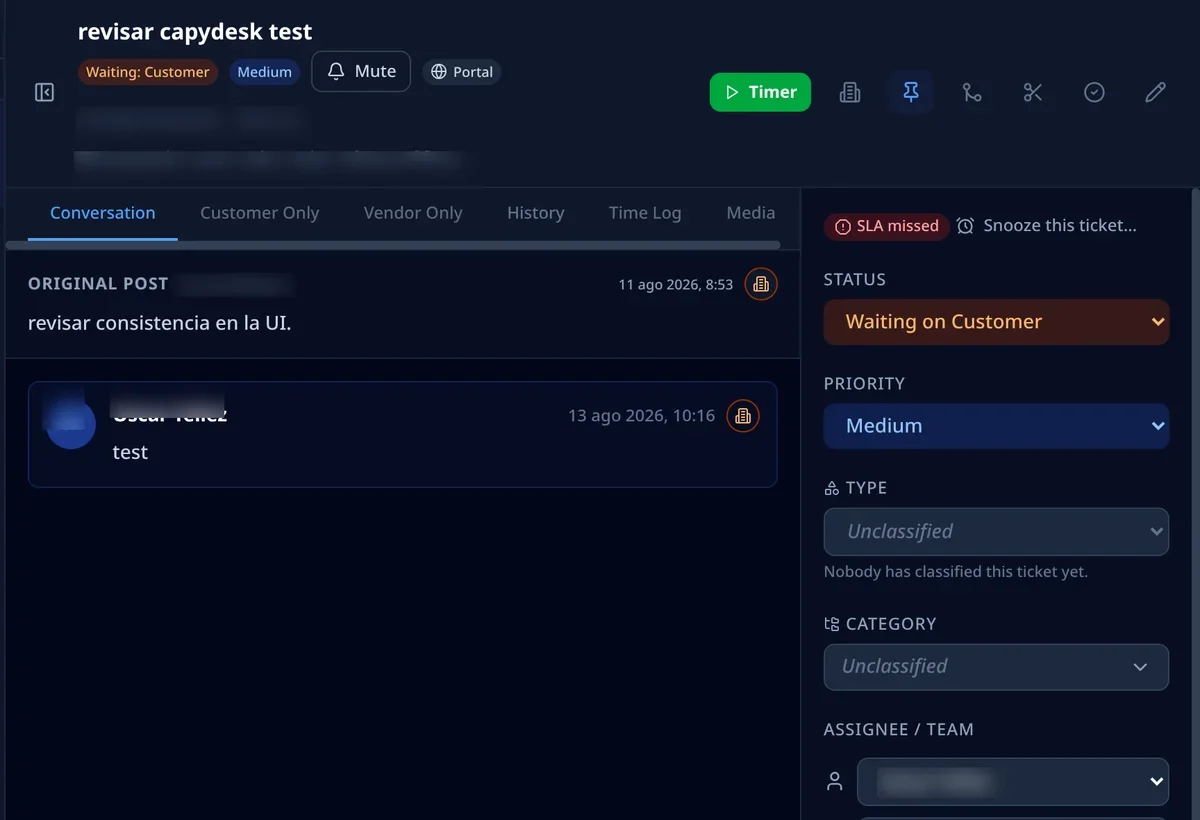 CapyDesk ticket conversation in dark mode with the details rail open