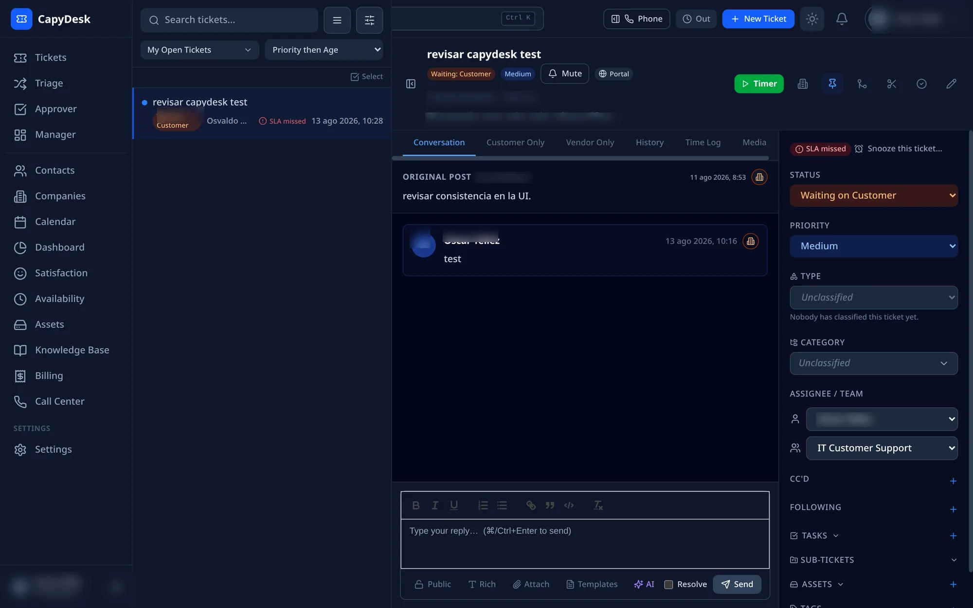 CapyDesk ticket conversation in dark mode with the details rail
